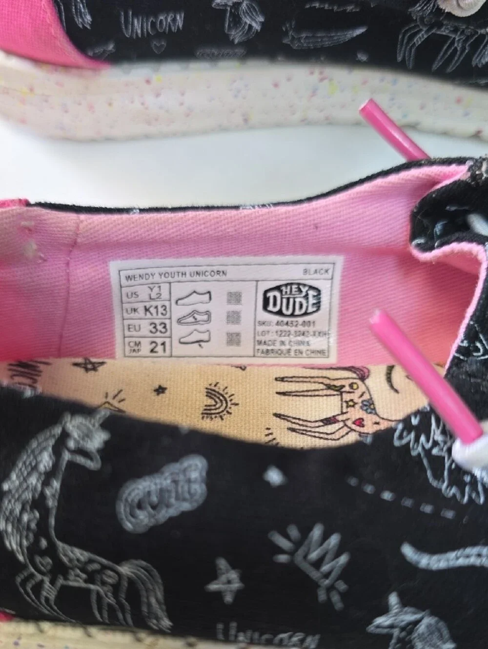 EUC Hey Dude Kids Black Sneakers with Pink Trim and Unicorn Print